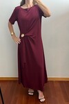 Bordo Güllü Bağlama Detaylı Tokalı Elbise