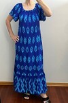Mavi Renk Desenli Madonna Yaka Pamuklu Viskon Elbise